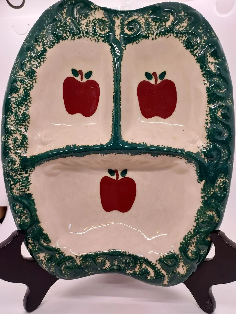 Vintage Green Stoneware Apple Sponeware 3-Part Divided Relish Tray Dish